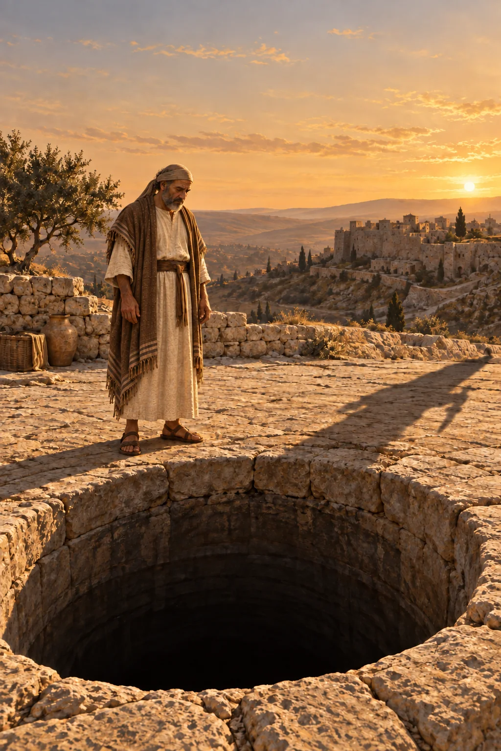 At sunset, Gedaliah stands above a deep stone cistern while another man's long shadow reaches across the courtyard; a Judean hill town rises beyond.