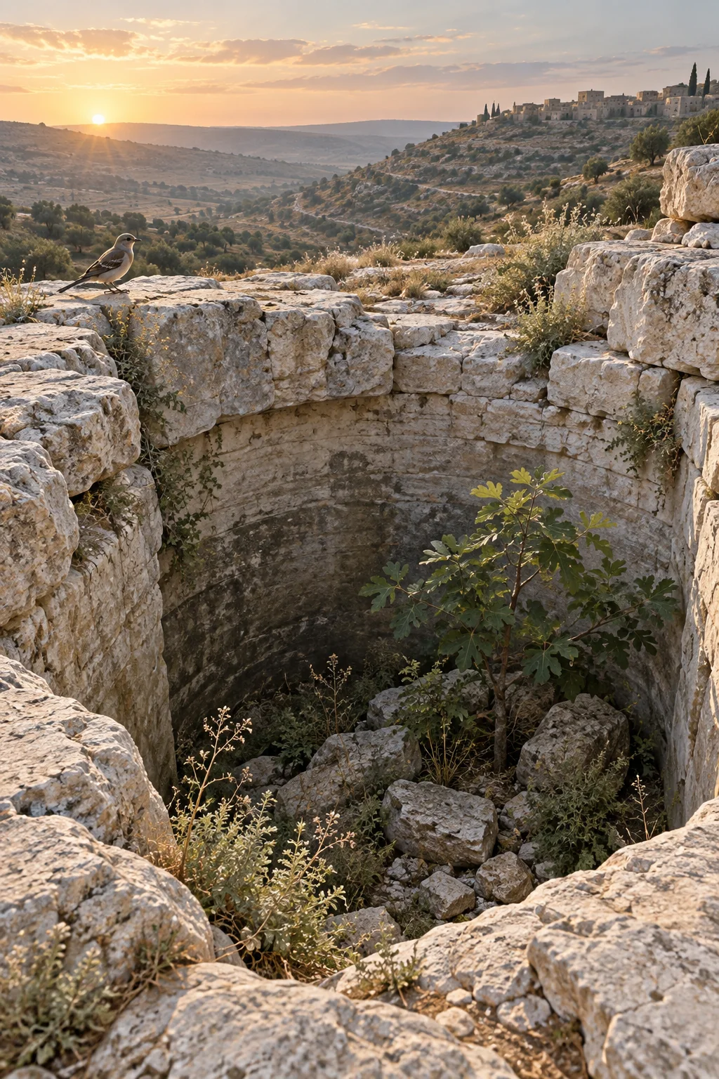 A bird perches on the worn rim of a ruined cistern; a fig tree grows inside beneath sunrise over the hills.