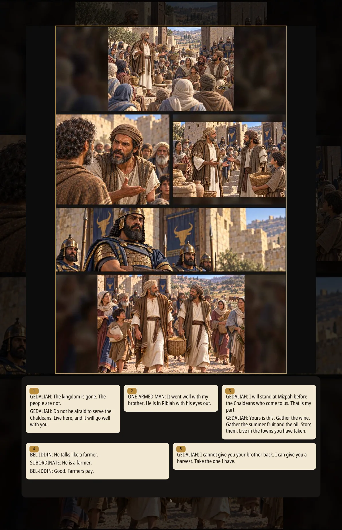 A finished graphic-novel page shows Gedaliah addressing the gathered people of Mizpah, with dialogue arranged in a clear text deck below the images.