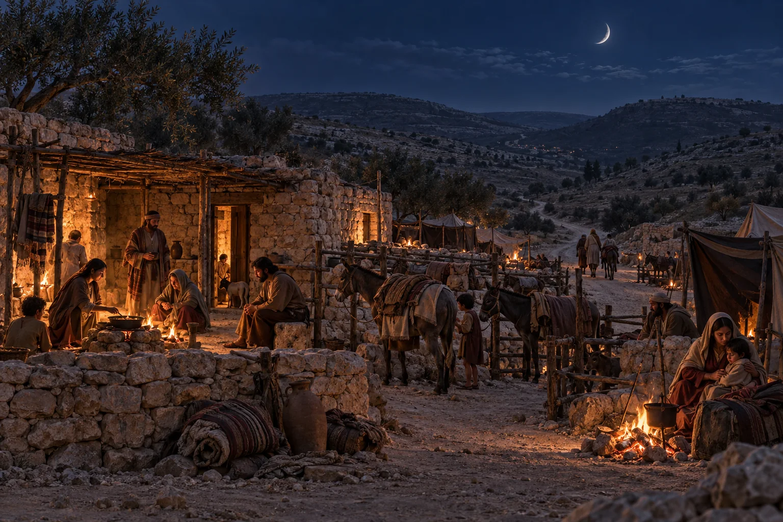 Refugee families gather beside cookfires at Geruth Chimham beneath a crescent moon.