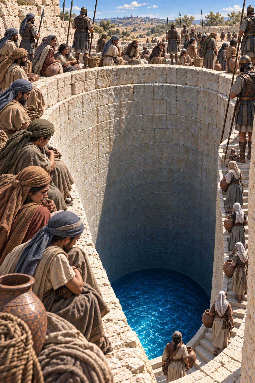 Captives and guards ring the vast stone shaft of Gibeon's pool as women descend toward blue water far below.