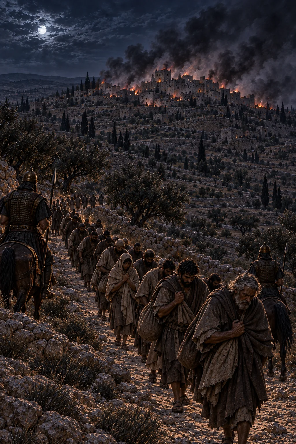 Chained Judeans file along a moonlit road while Jerusalem burns on its ridge.