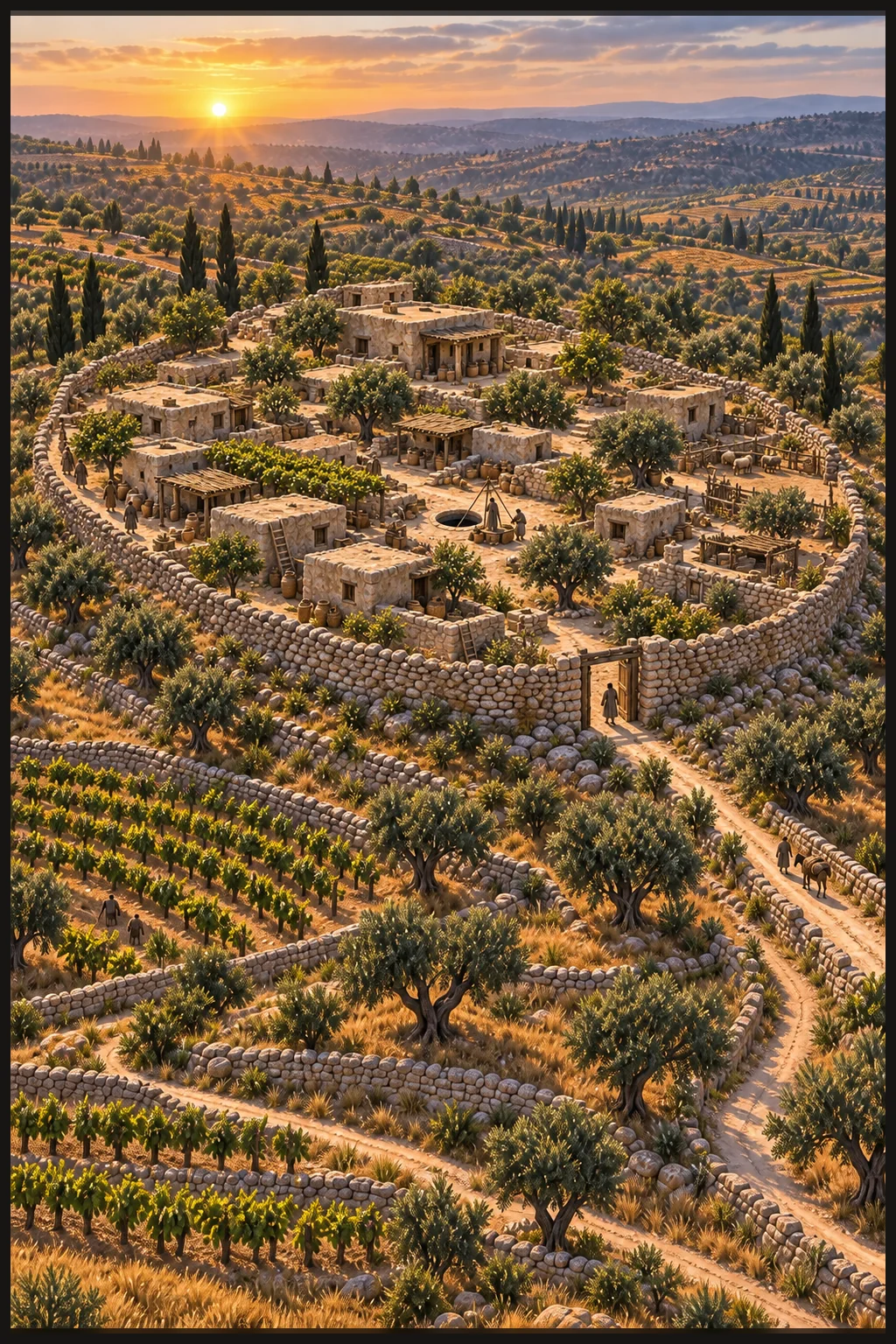Mizpah's stone settlement, vineyards and olive terraces glow in early harvest light.