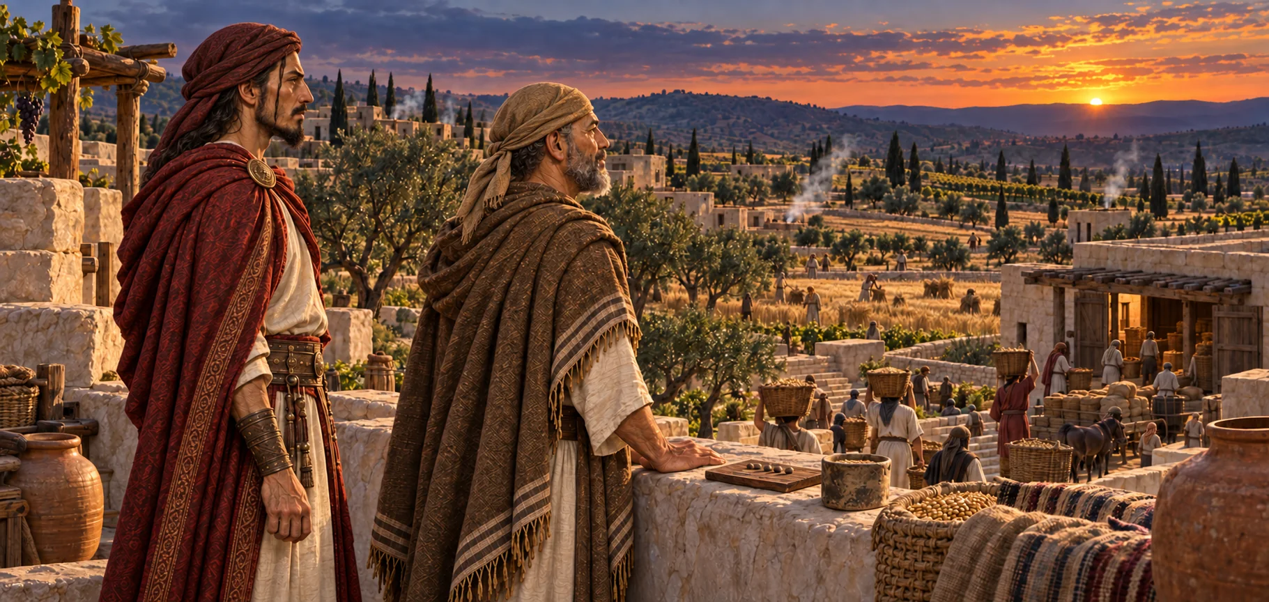 Ishmael in royal red stands beside Gedaliah, looking across Mizpah's harvest fields beneath an orange dusk.