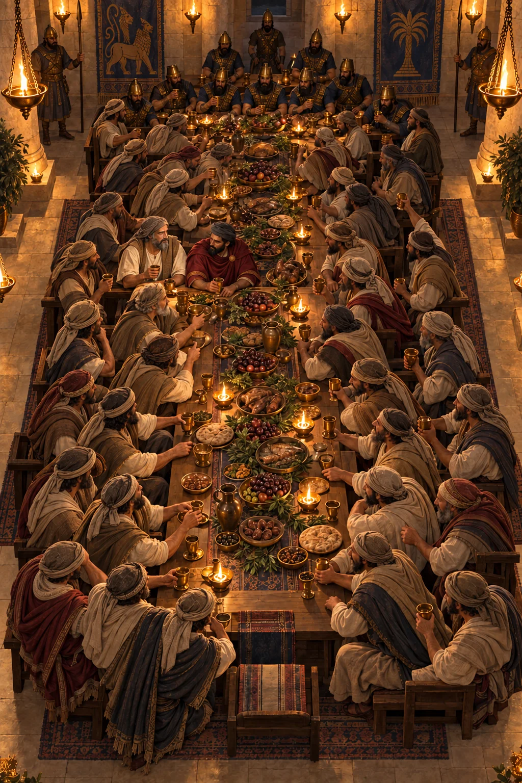 A long New Year feast table glows by lamplight, with Gedaliah and Ishmael seated together and Chaldean soldiers at the far end.