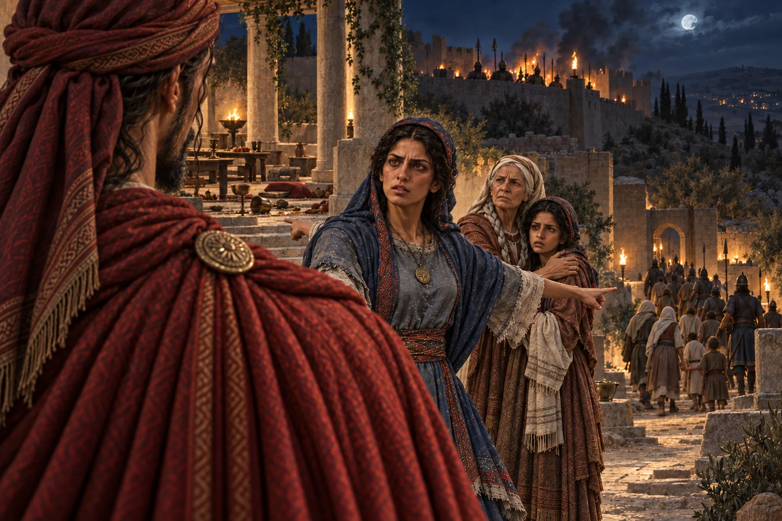 Tamar shields a younger girl and confronts Ishmael while captives are marched out of Mizpah.